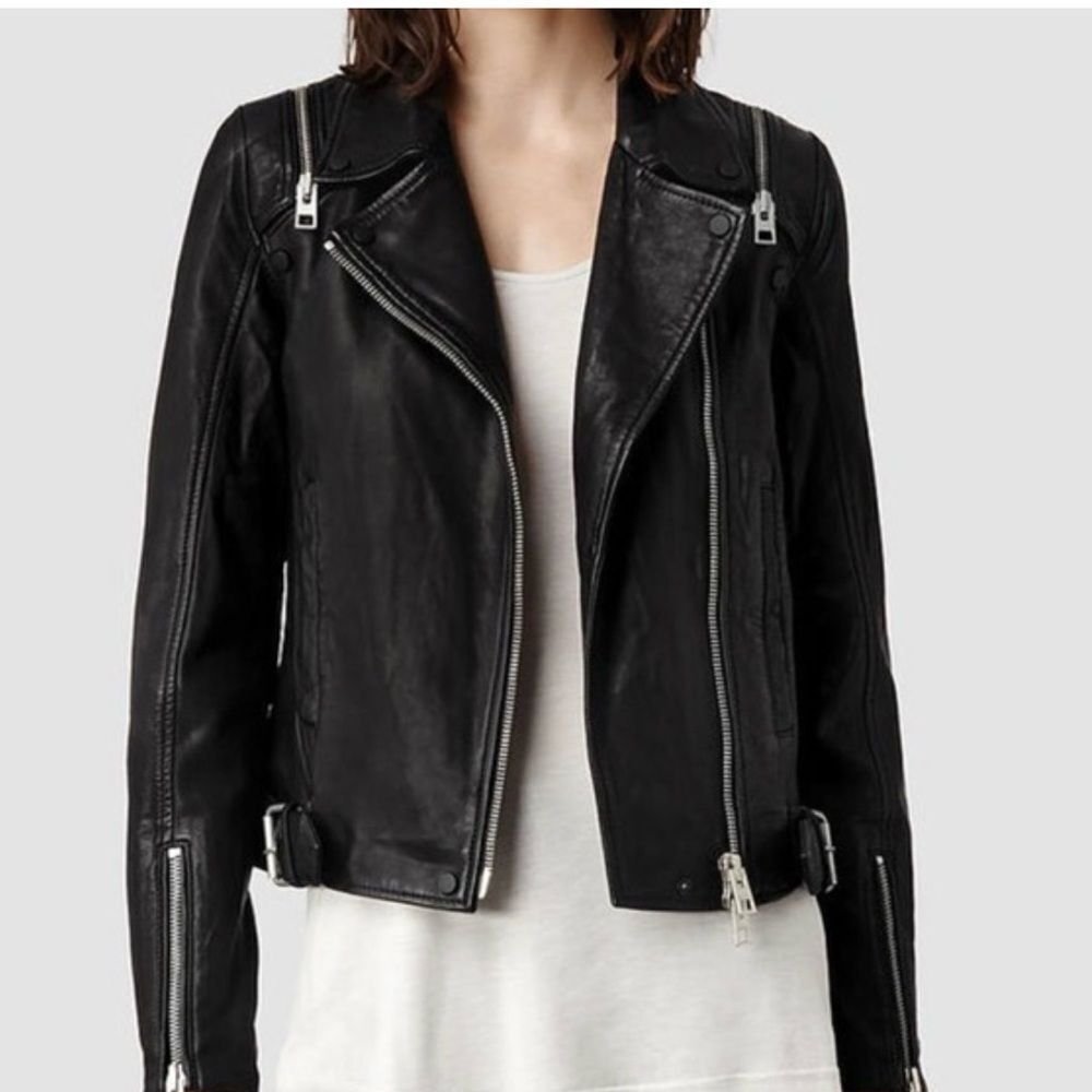 AllSaints Range Biker Black Leather Jacket 2-in-1 Removable Sleeves - Vest US 0